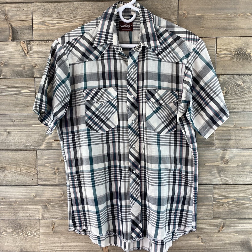 Wrangler Western Mens Shirt Pearl Snap Short Sleeve‎ Plaid Size 15 15.5 Medium